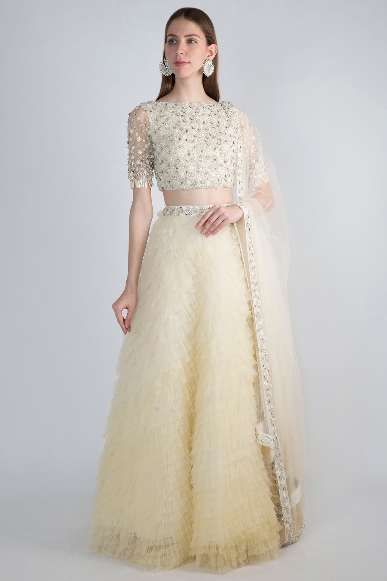 White Embellished Ombre Ruffled Lehenga Set Design By Shivangi Jain At ...