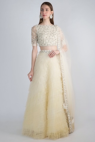 White Embellished Ombre Ruffled Lehenga Set by Shivangi Jain