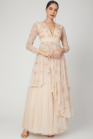 Nude Embroidered Jacket With Lehenga by Shivangi Jain
