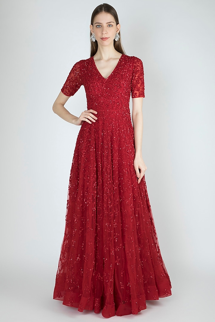 Red Hand Embroidered Gown by Shivangi Jain
