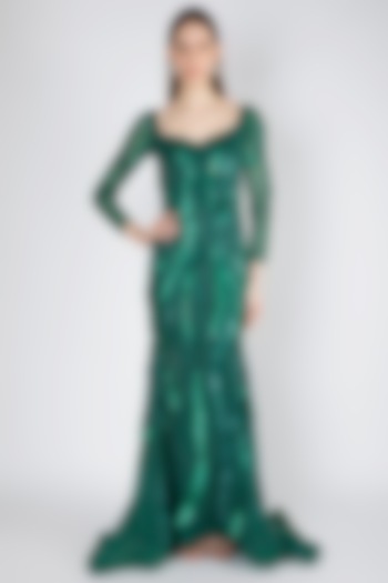 Green Hand Embroidered Gown by Shivangi Jain