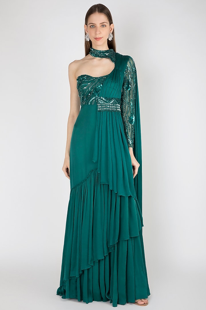Green Embellished One Shoulder Gown by Shivangi Jain