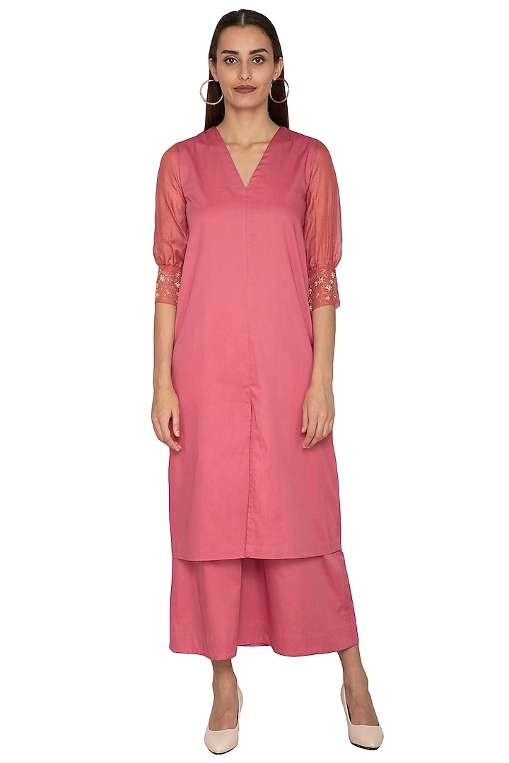 Coral Embroidered Straight Fit Tunic With Pants by Shiori