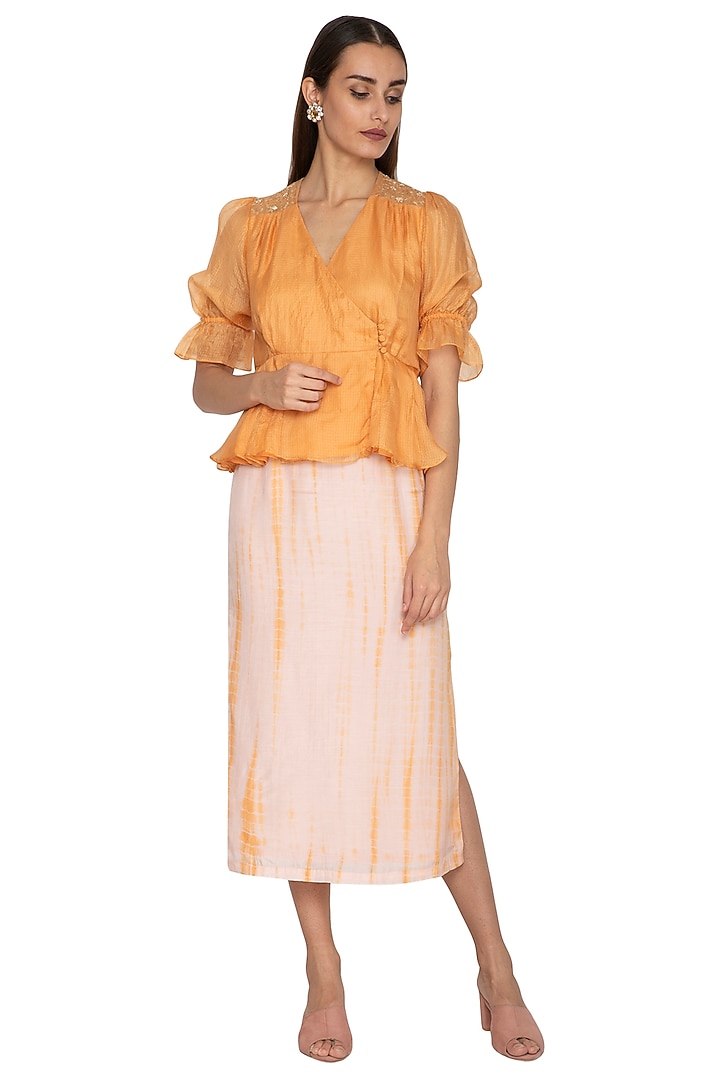 Yellow Embroidered Pleated Wrap Top by Shiori at Pernia's Pop Up Shop