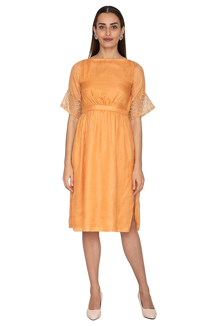 Yellow Kota Silk Dress With Embroidered Sleeves by Shiori