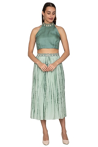 Teal Green Embroidered Crop Top by Shiori