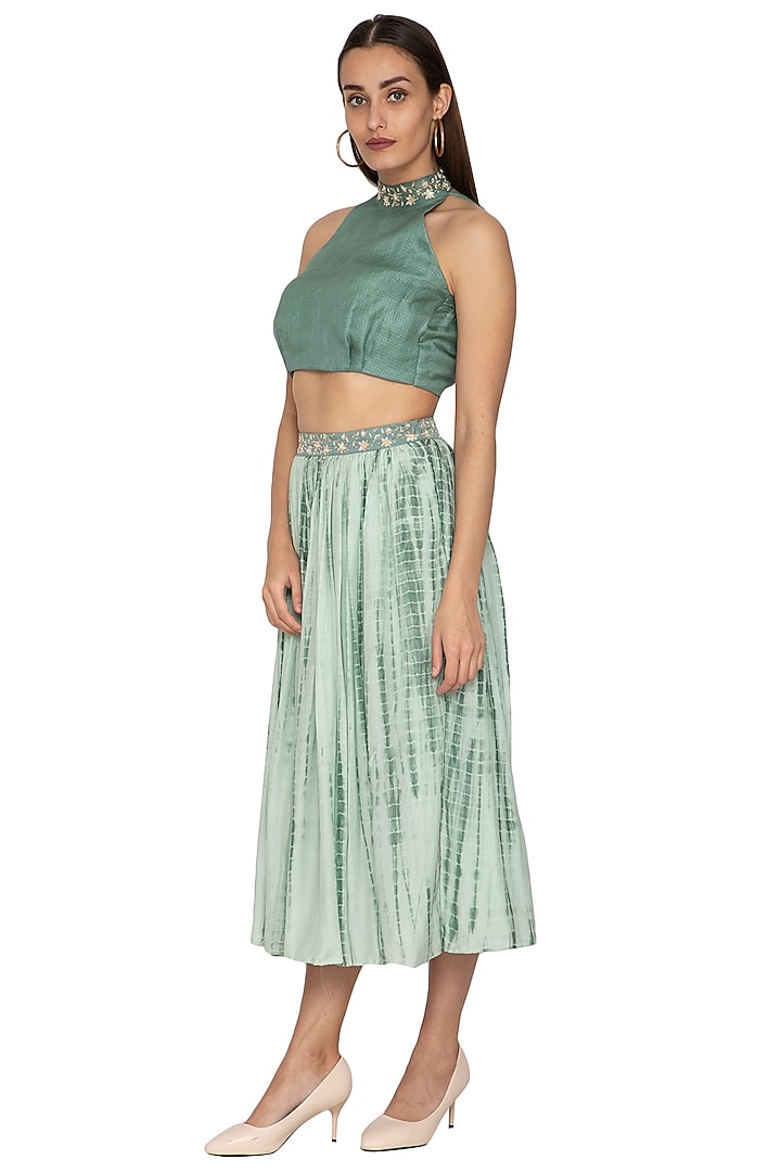 Teal Green Embroidered Crop Top by Shiori at Pernia's Pop Up Shop