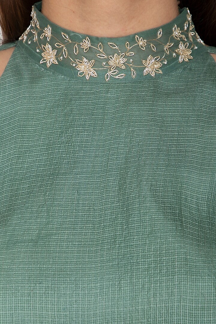 Teal Green Embroidered Crop Top by Shiori at Pernia's Pop Up Shop