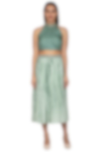 Light Teal Green Printed Skirt With Belt by Shiori