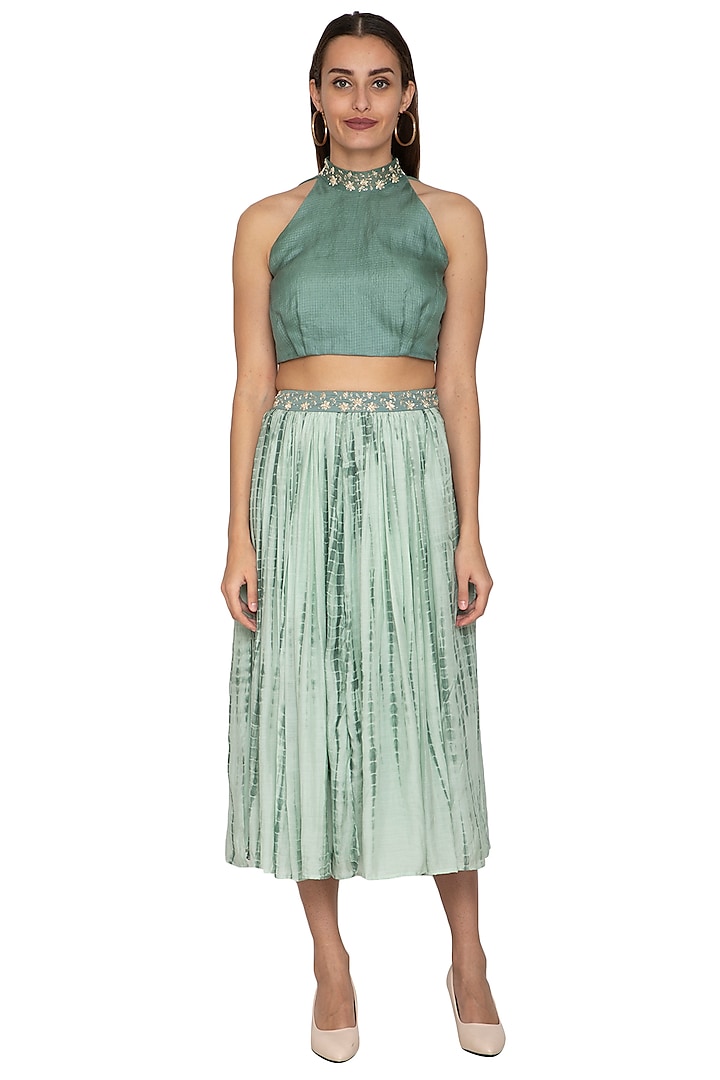 Light Teal Green Printed Skirt With Belt by Shiori