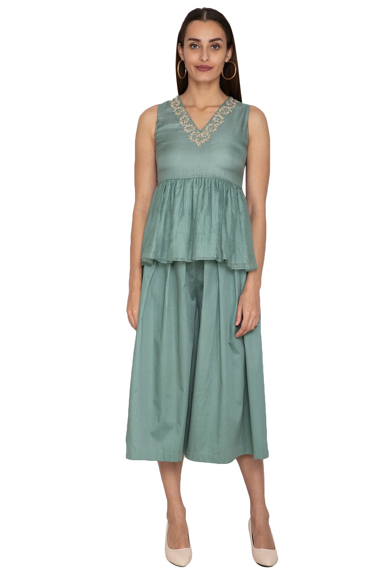 Green Thread Embroidered Peplum Top main image 0