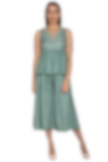 Teal Green Pleated Flared Pants by Shiori