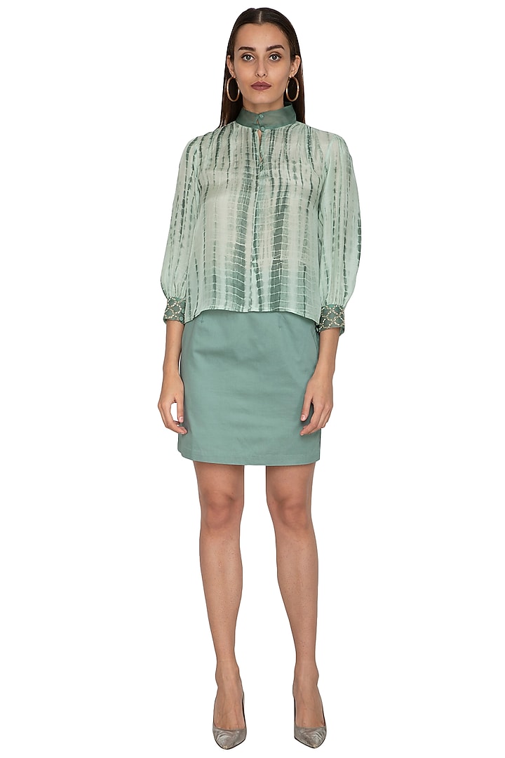 Light Teal Green Printed & Embroidered Top by Shiori