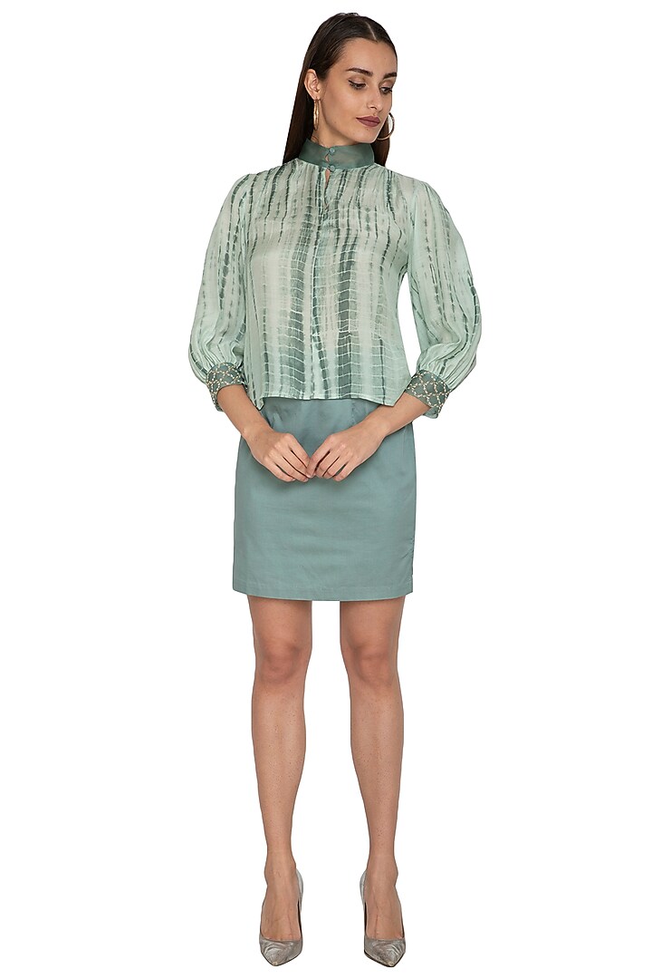 Teal Green Straight Fit Skirt With Embroidered Belt by Shiori