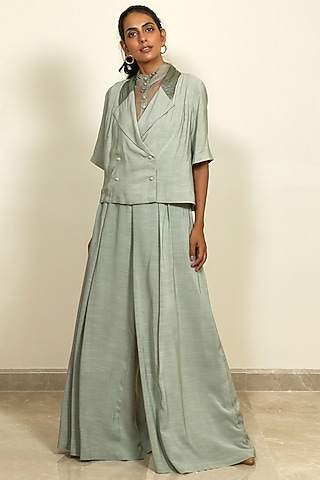 Sage Green Embroidered Crop Jacket by Shiori