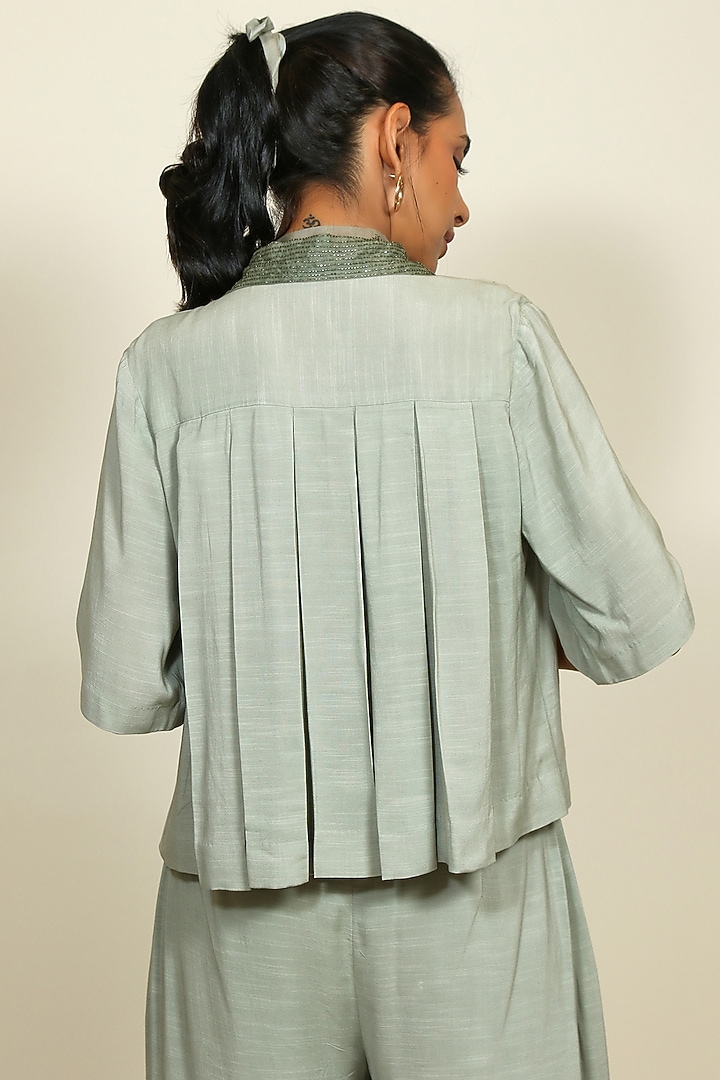 Sage Green Embroidered Crop Jacket by Shiori at Pernia's Pop Up Shop