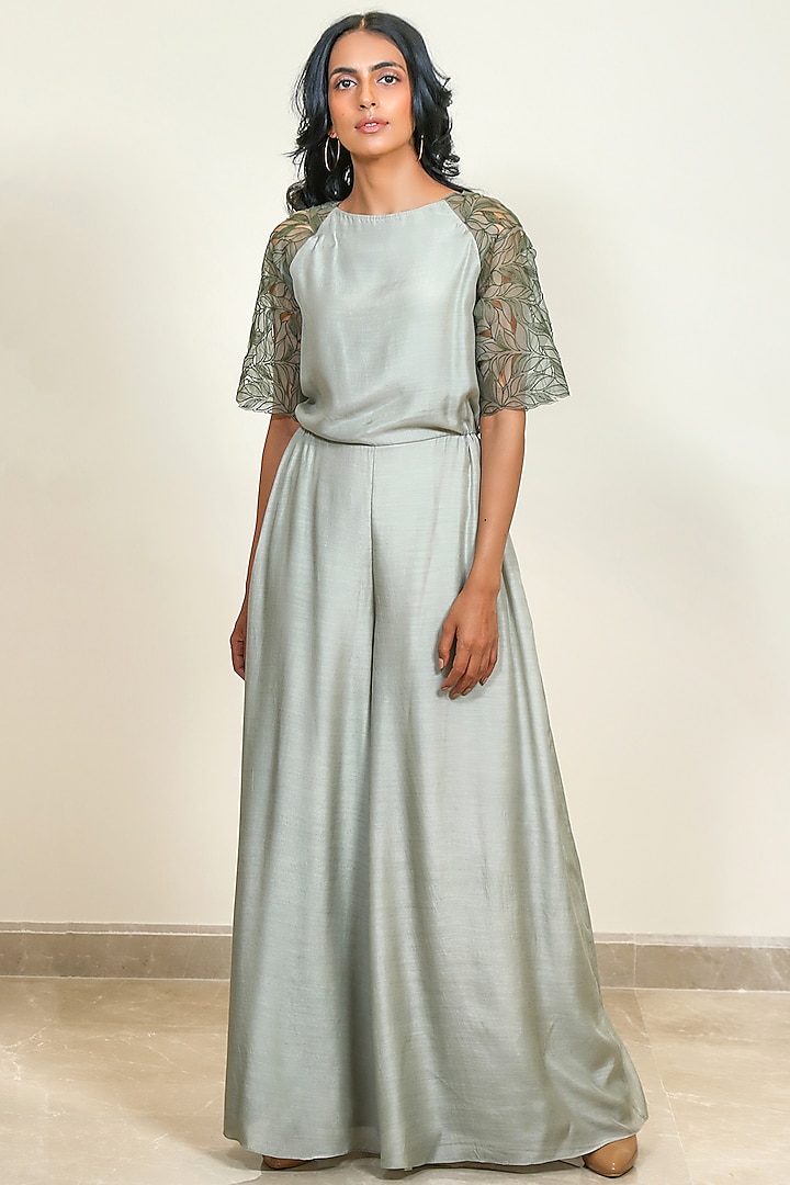 Sage Pleated & Embroidered Jumpsuit by Shiori