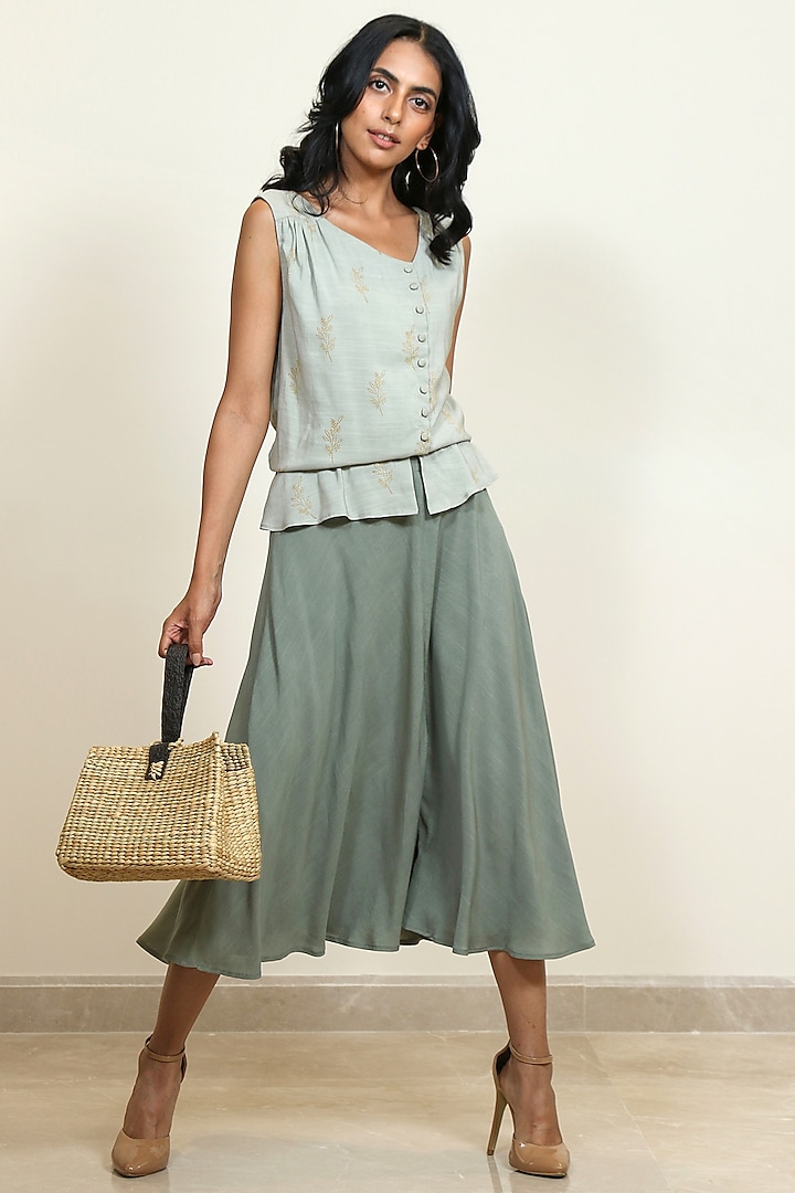 Moss Green Printed Flared Skirt by Shiori