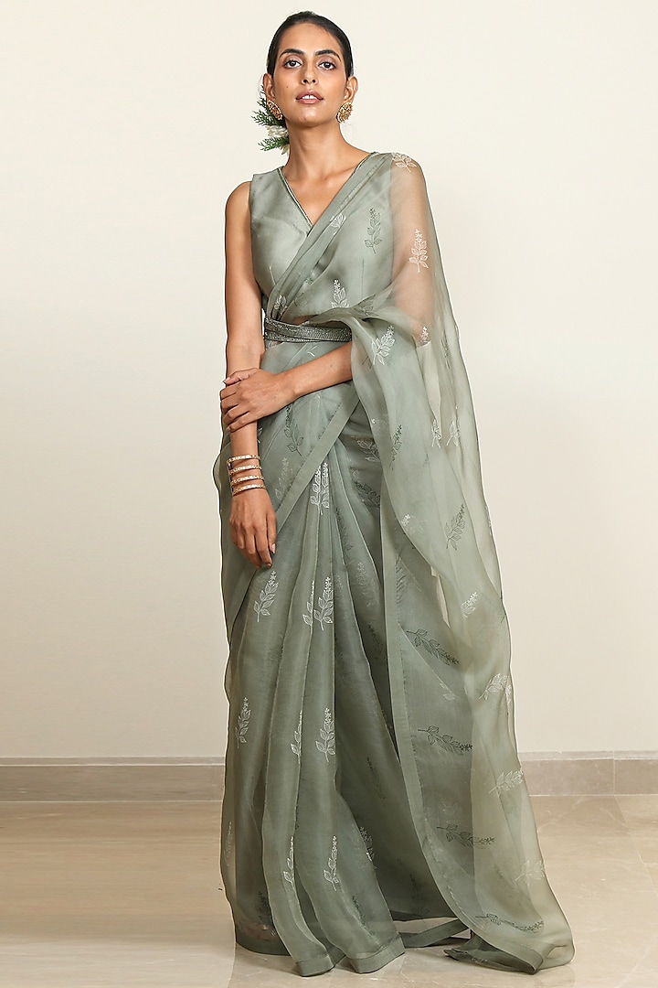 Moss Green Printed & Embroidered Organza Saree Set by Shiori