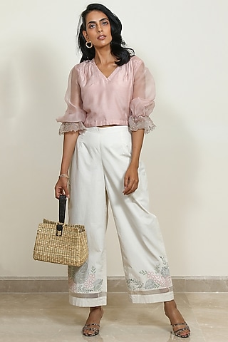 Peach Cotton Silk Embroidered Blouse by Shiori