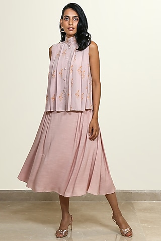 Peach Printed Pleated Blouse by Shiori