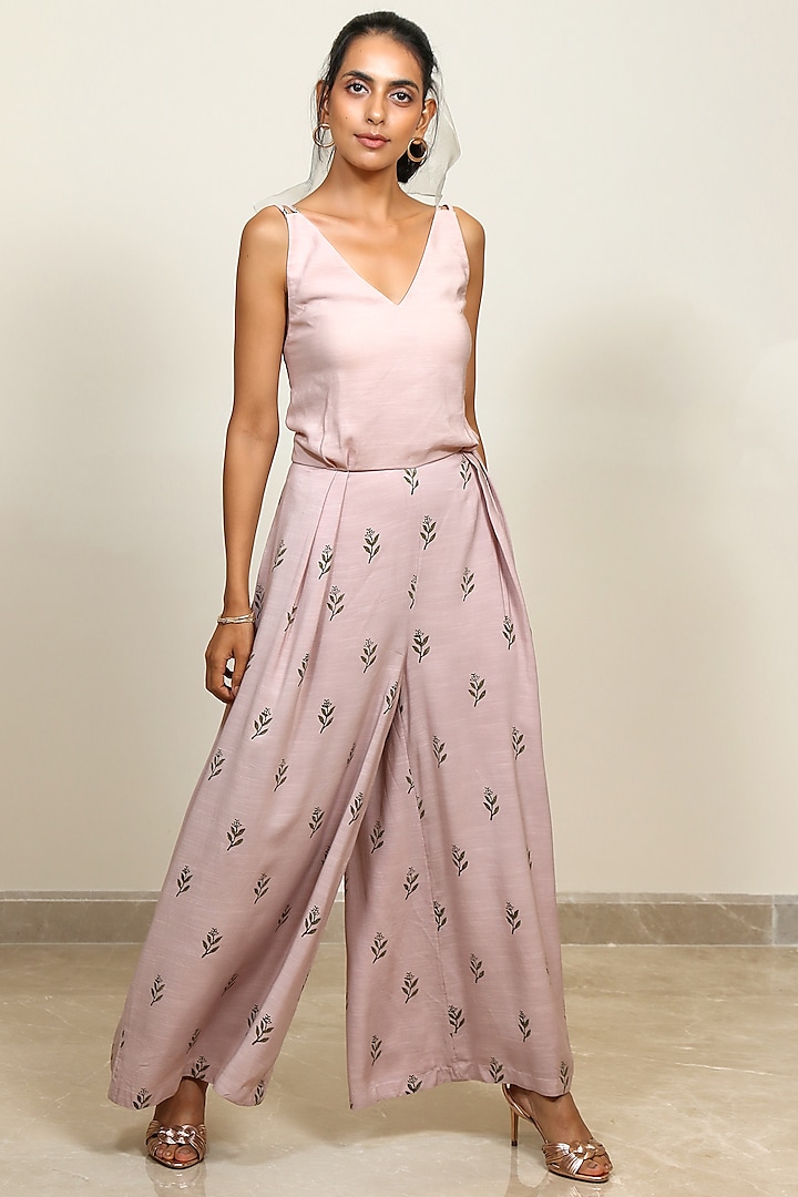 Peach Block Printed & Embroidered Jumpsuit by Shiori