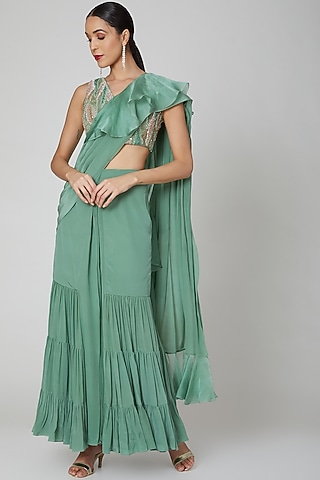 Green Embroidered Ruffled Saree Set by Shivangi Jain