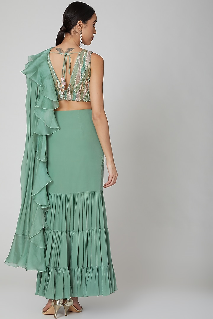 Green Embroidered Ruffled Wedding Saree Set by Shivangi Jain at Pernia's Pop Up Shop
