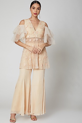 Cream Embroidered Pants Set by Shivangi Jain