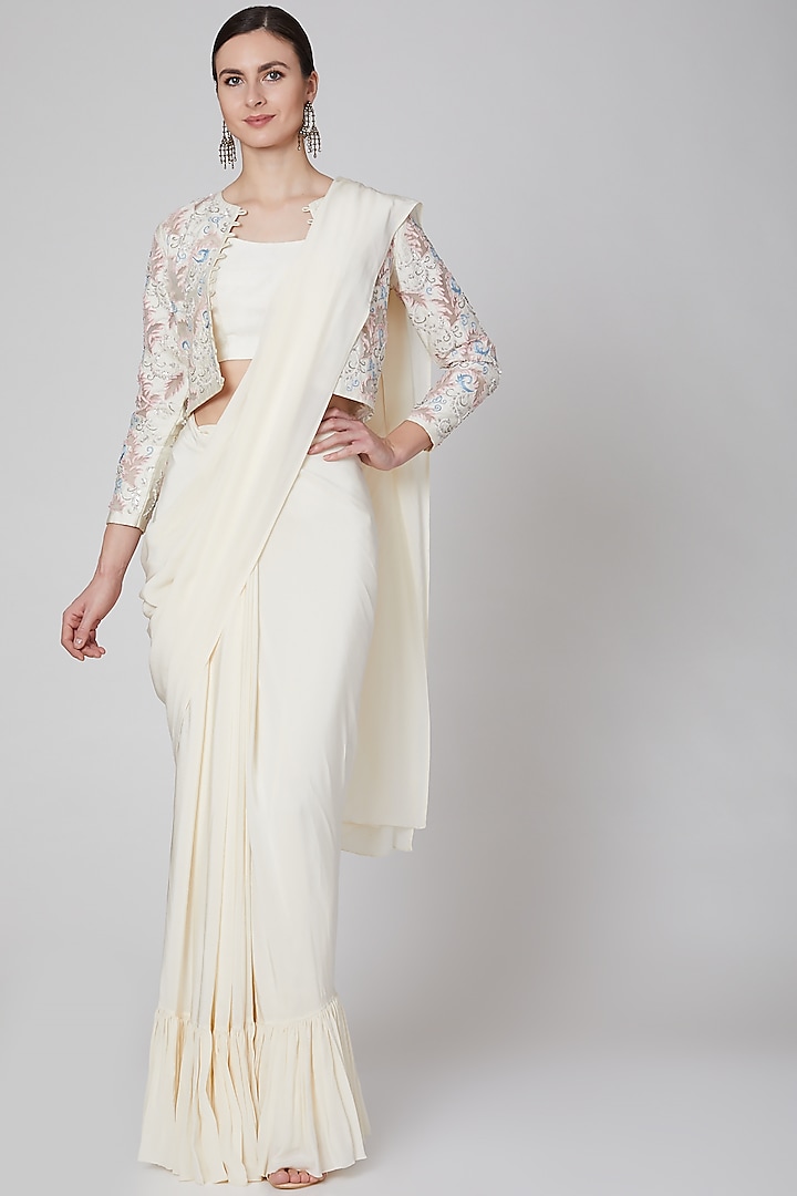 Off White Embroidered Ruffled Saree Set by Shivangi Jain