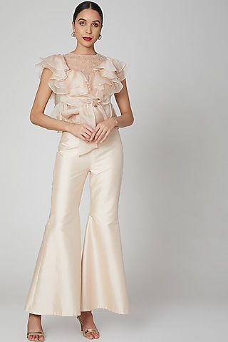 Cream Embroidered Flared Pants Set by Shivangi Jain