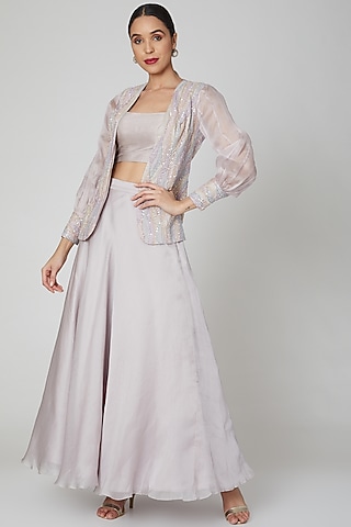Lilac Embroidered Jacket Lehenga Set by Shivangi Jain