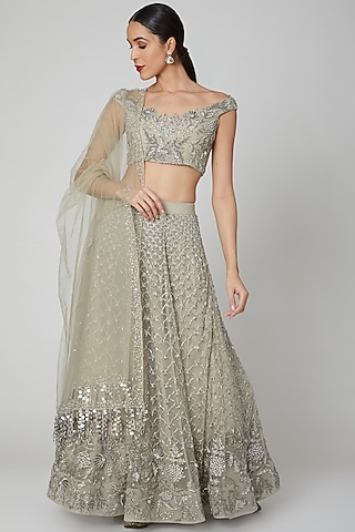 Grey Scallop Embroidered Lehenga Set by Shivangi Jain