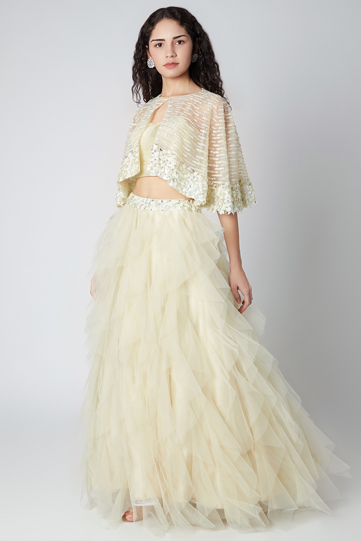 Lemon Yellow Ruffled Cape Lehenga Set Design By Shivangi Jain At Pernia ...