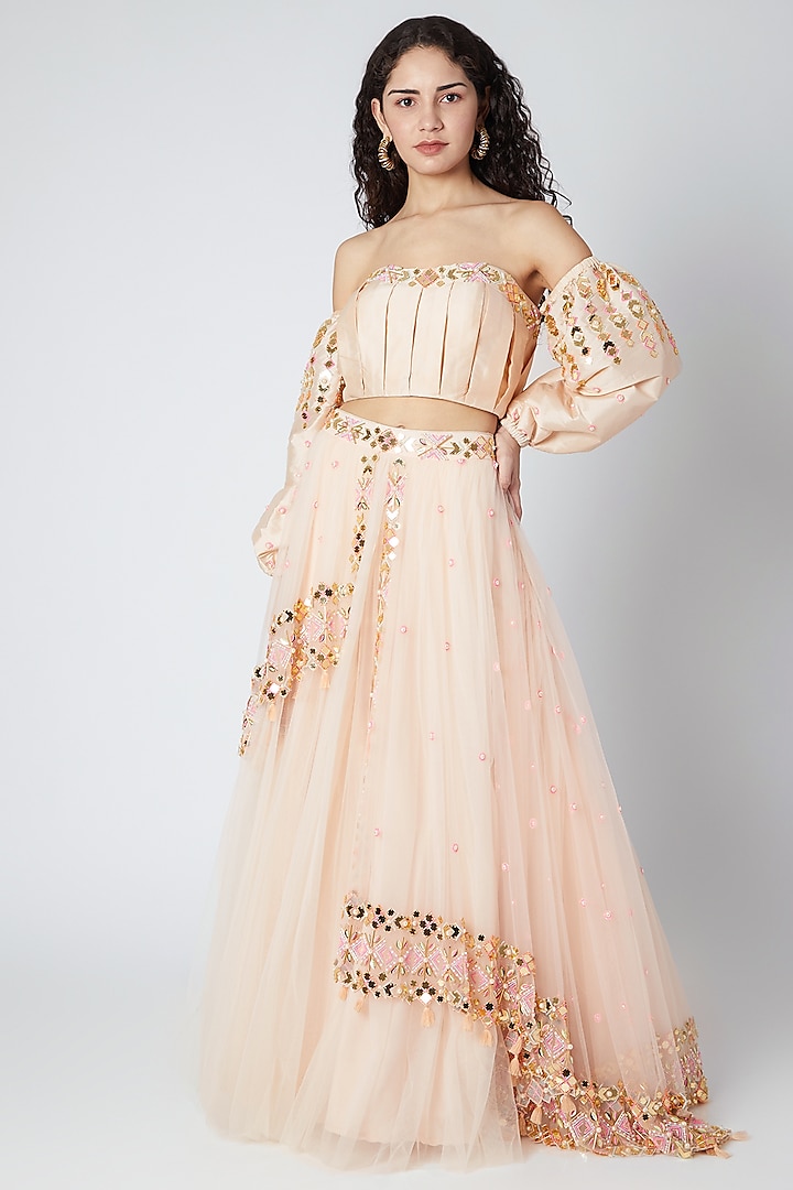 Peach Embroidered Lehenga With Off Shoulder Blouse by Shivangi Jain
