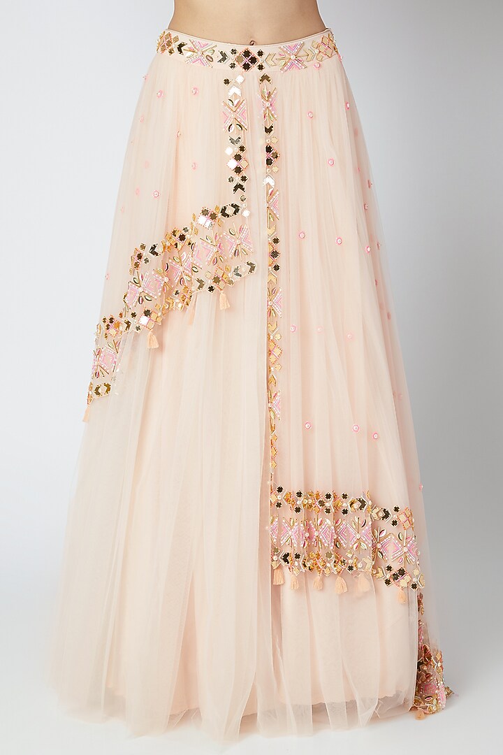 Peach Embroidered Wedding Lehenga With Off Shoulder Blouse by Shivangi Jain at Pernia's Pop Up Shop