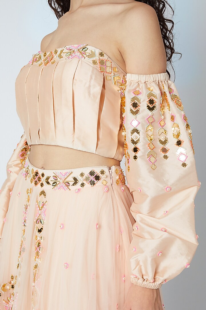 Peach Embroidered Wedding Lehenga With Off Shoulder Blouse by Shivangi Jain at Pernia's Pop Up Shop