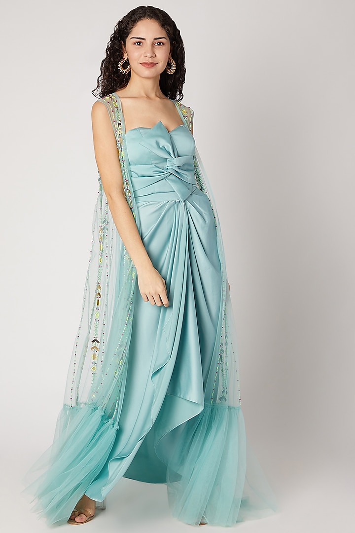 Teal Green Embroidered Drape Dhoti With Blouse & Shrug by Shivangi Jain at Pernia's Pop Up Shop