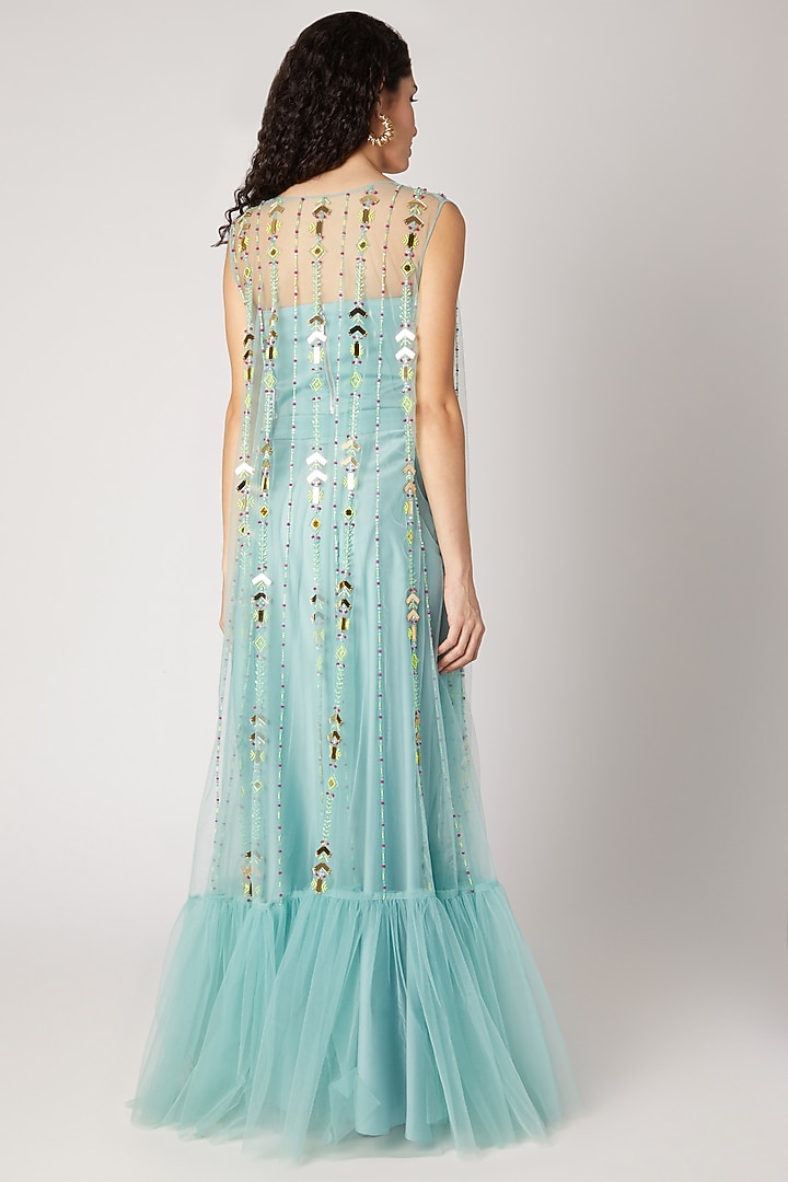Teal Green Embroidered Drape Dhoti With Blouse & Shrug by Shivangi Jain at Pernia's Pop Up Shop