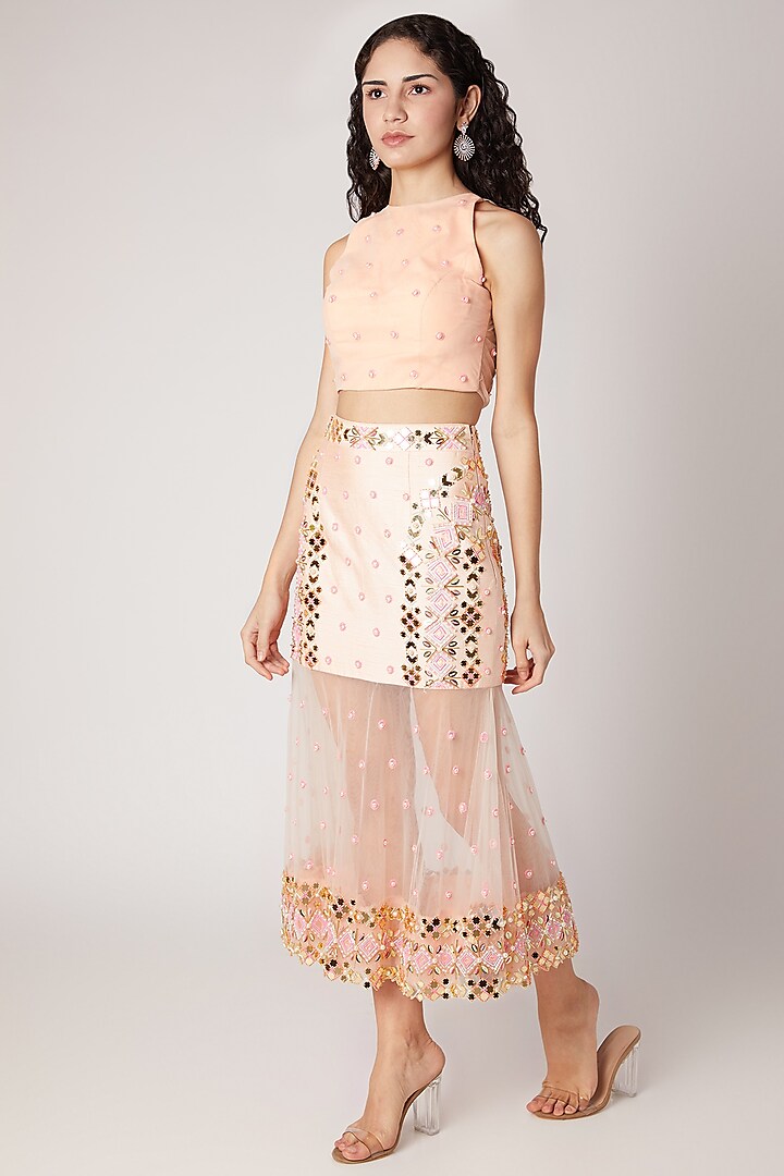 Peach Embroidered Crop Top With Skirt by Shivangi Jain