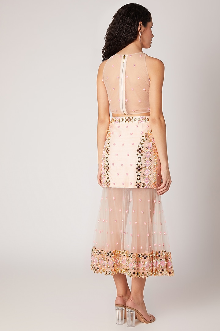 Peach Embroidered Crop Top With Skirt by Shivangi Jain at Pernia's Pop Up Shop