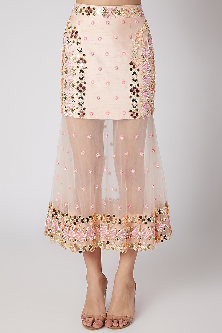 Peach Embroidered Crop Top With Skirt by Shivangi Jain at Pernia's Pop Up Shop