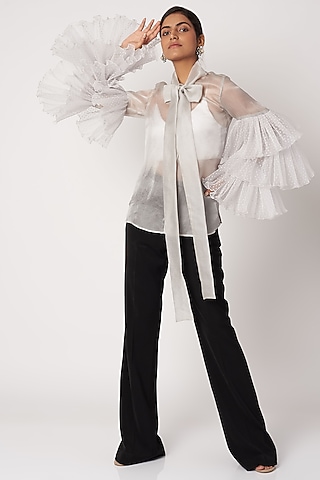 Grey Top With Ruffled Sleeves by Shivangi Jain