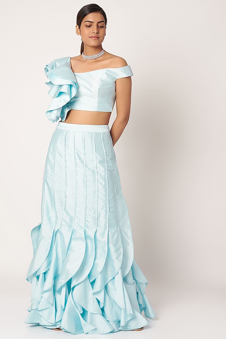 Sky Blue Crop Top With Skirt by Shivangi Jain