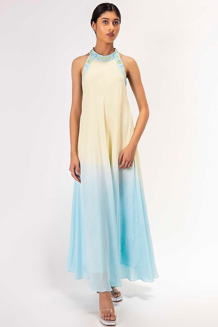 Patel Yellow & Pastel Blue Silk Crepe Embellished & Tie-Dye Maxi Dress by SHIMONA