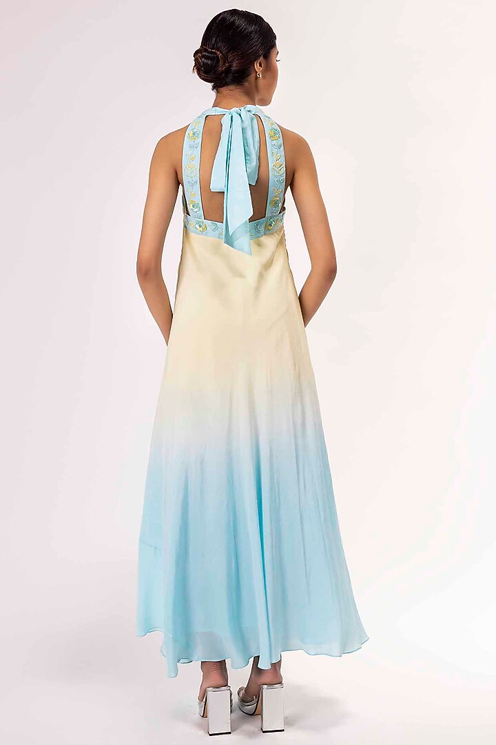 Patel Yellow & Pastel Blue Silk Crepe Embellished & Tie-Dye Maxi Summer Dress by SHIMONA at Pernia's Pop Up Shop
