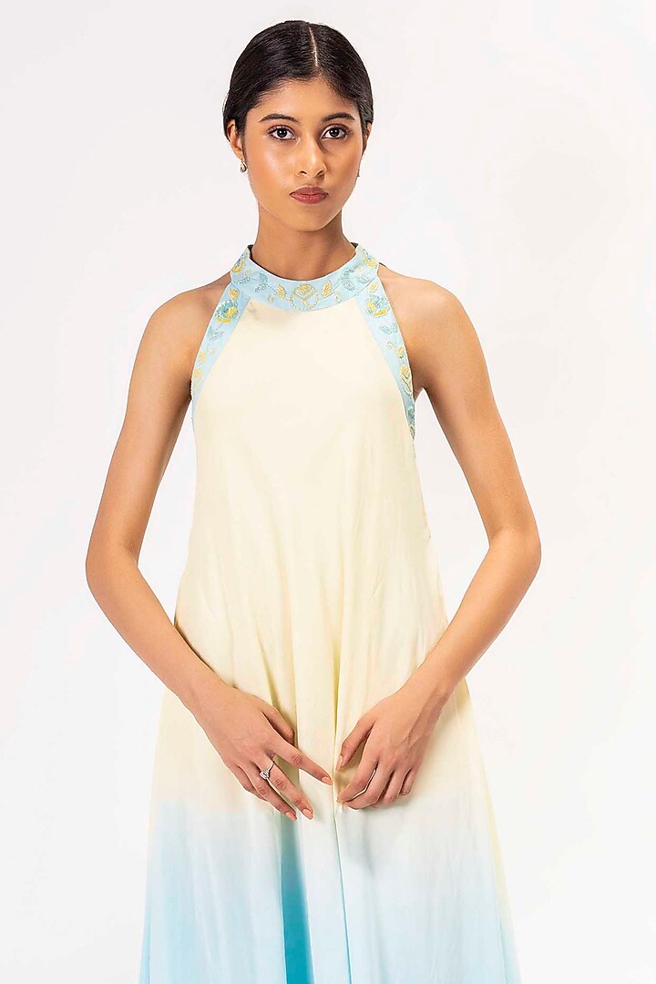 Patel Yellow & Pastel Blue Silk Crepe Embellished & Tie-Dye Maxi Summer Dress by SHIMONA at Pernia's Pop Up Shop