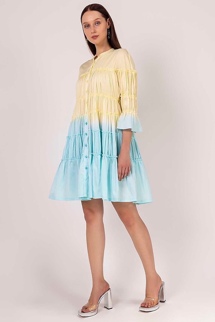 Patel Yellow & Pastel Blue Cotton Satin Tie-Dye Dress by SHIMONA