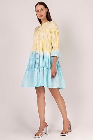 Patel Yellow & Pastel Blue Cotton Satin Tie-Dye Dress by SHIMONA