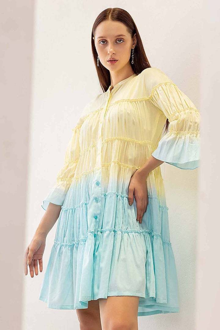 Patel Yellow & Pastel Blue Cotton Satin Tie-Dye Dress Design by SHIMONA at  Pernia's Pop Up Shop 2024